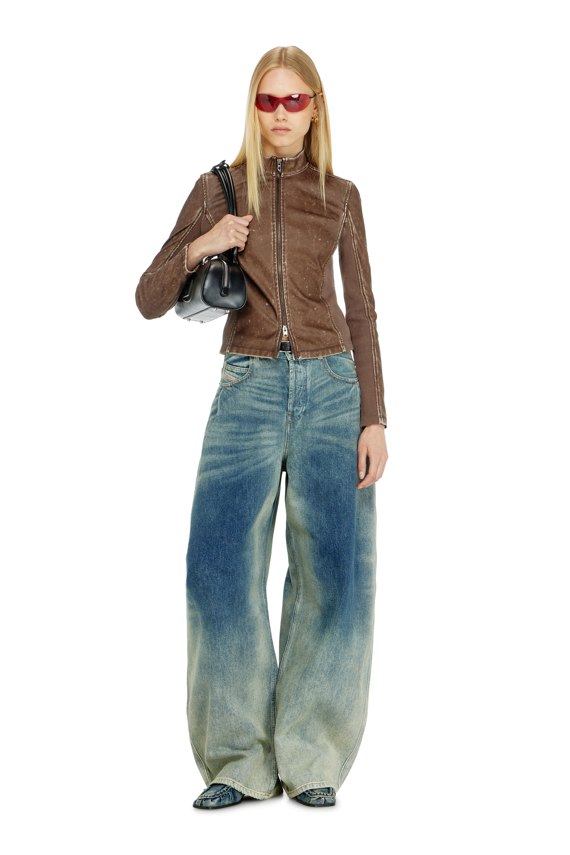 Diesel - T-HUNDER, Damen Bikerjacke mit Rippstrickeins&auml;tzen in Braun - 2