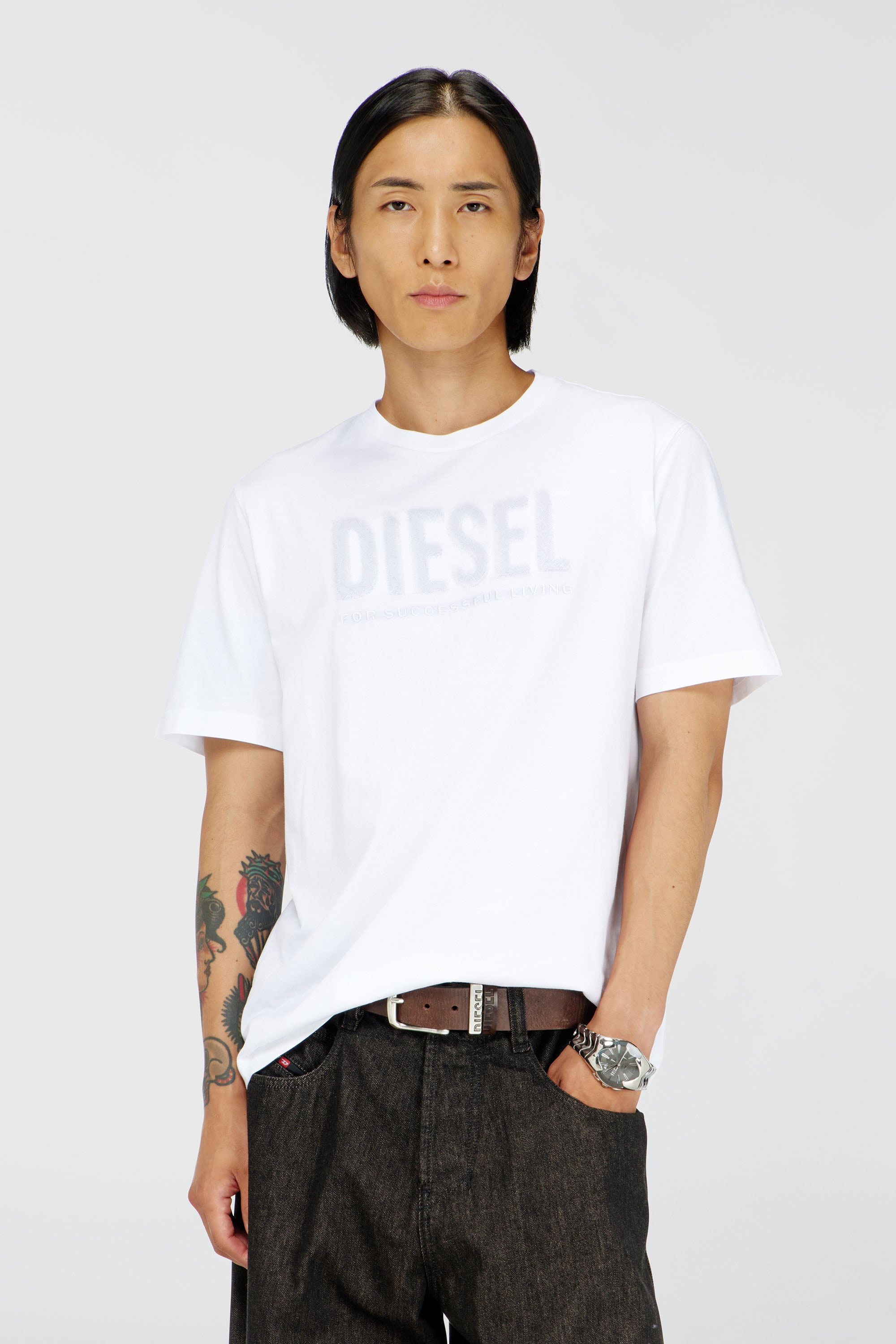 Diesel - T-JUST-OVA-T92, T-shirt in cotone con stampa logo Diesel tono su tono Uomo in Bianco - 1