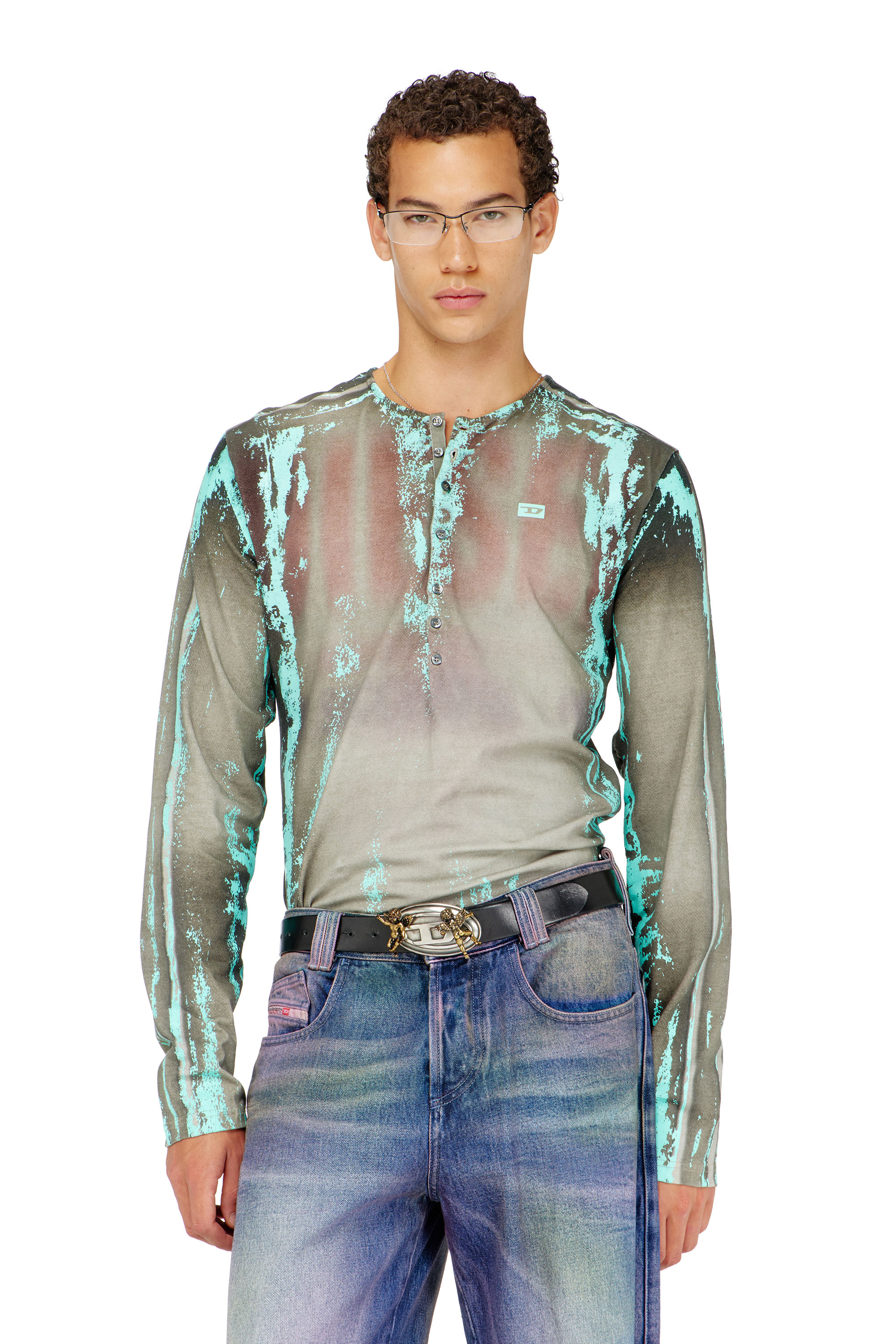 Diesel - T-FYNO-ML, Grandad t-shirt en jersey effet cuir craquel&eacute; Homme in Vert - 1