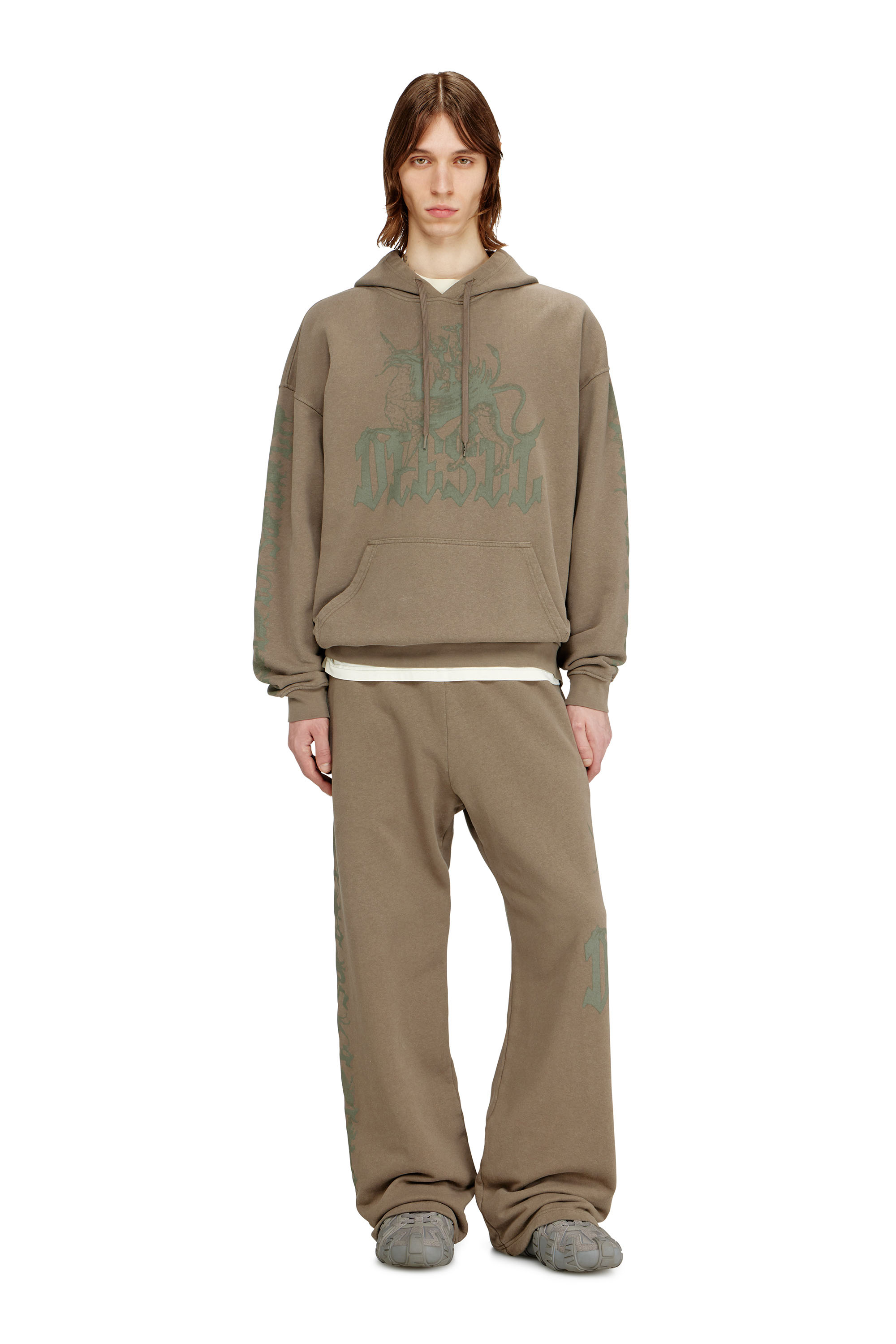 Diesel - S-GRIFFON, Man's Treated hoodie with griffin print in Light Brown - 1