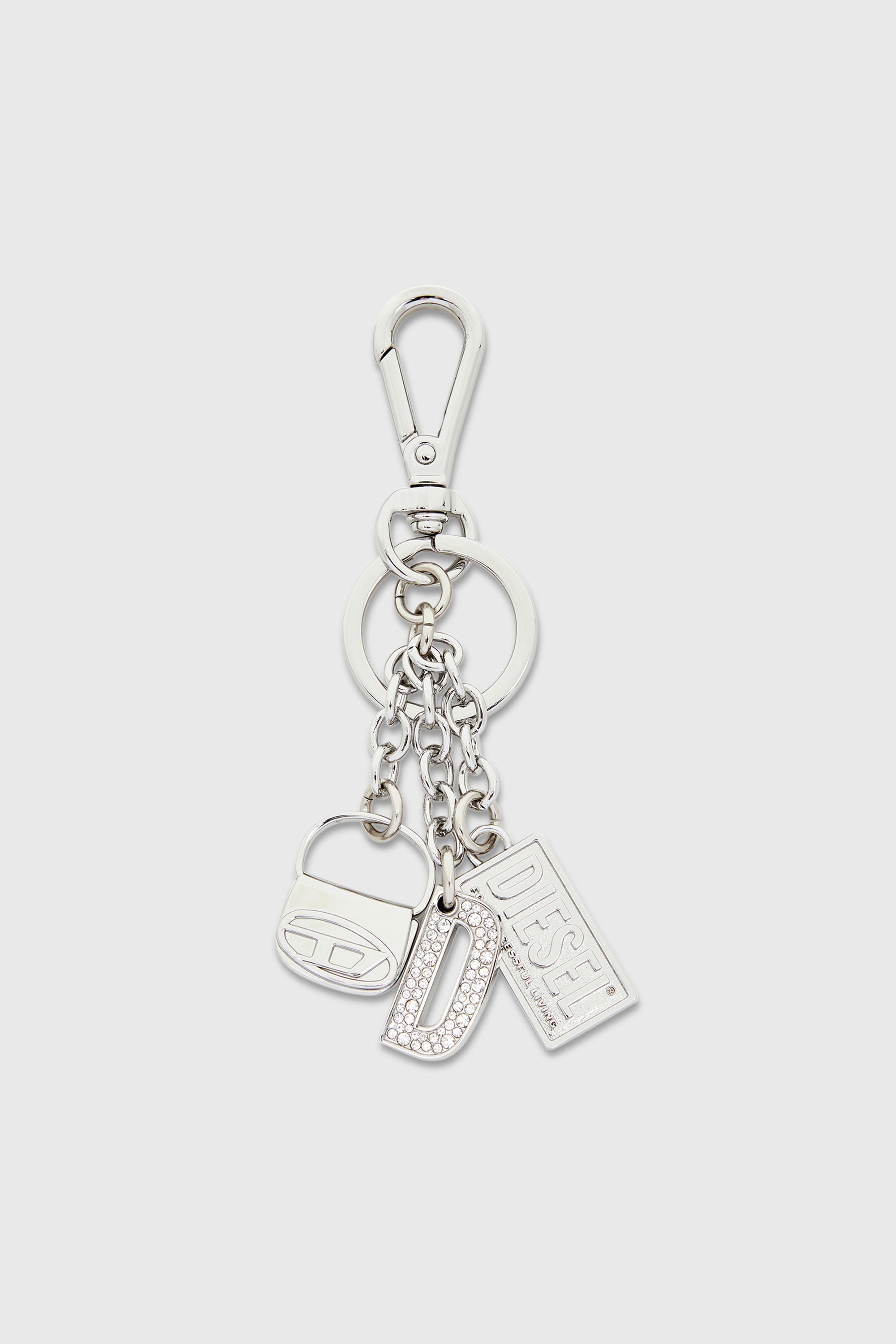 Diesel - 1DR KEY MULTICHARM, Damen Schl&uuml;sselring aus Metall mit Logo-Charms in Silber - 1