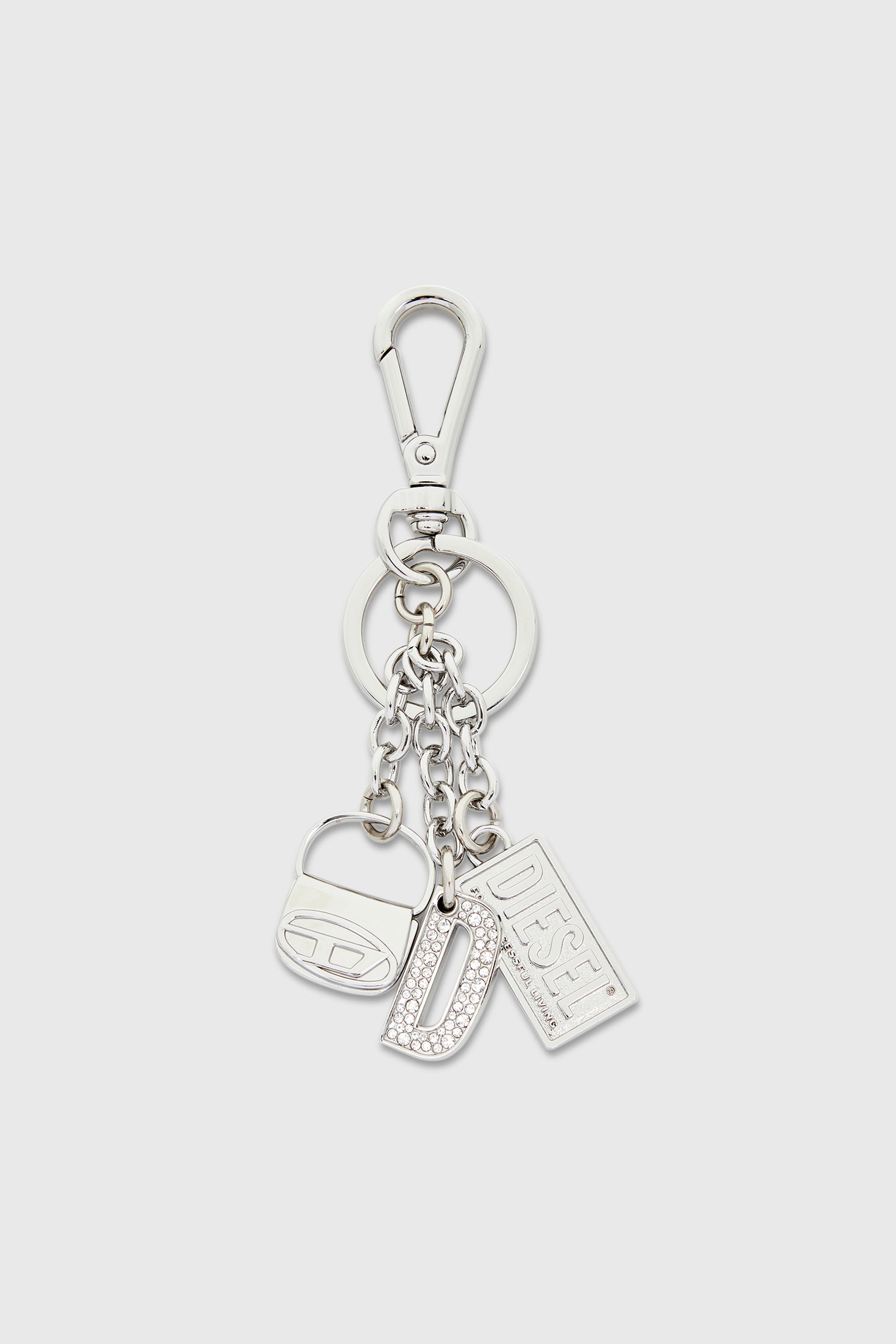 Diesel - 1DR KEY MULTICHARM, Damen Schl&uuml;sselring aus Metall mit Logo-Charms in Silber - 1