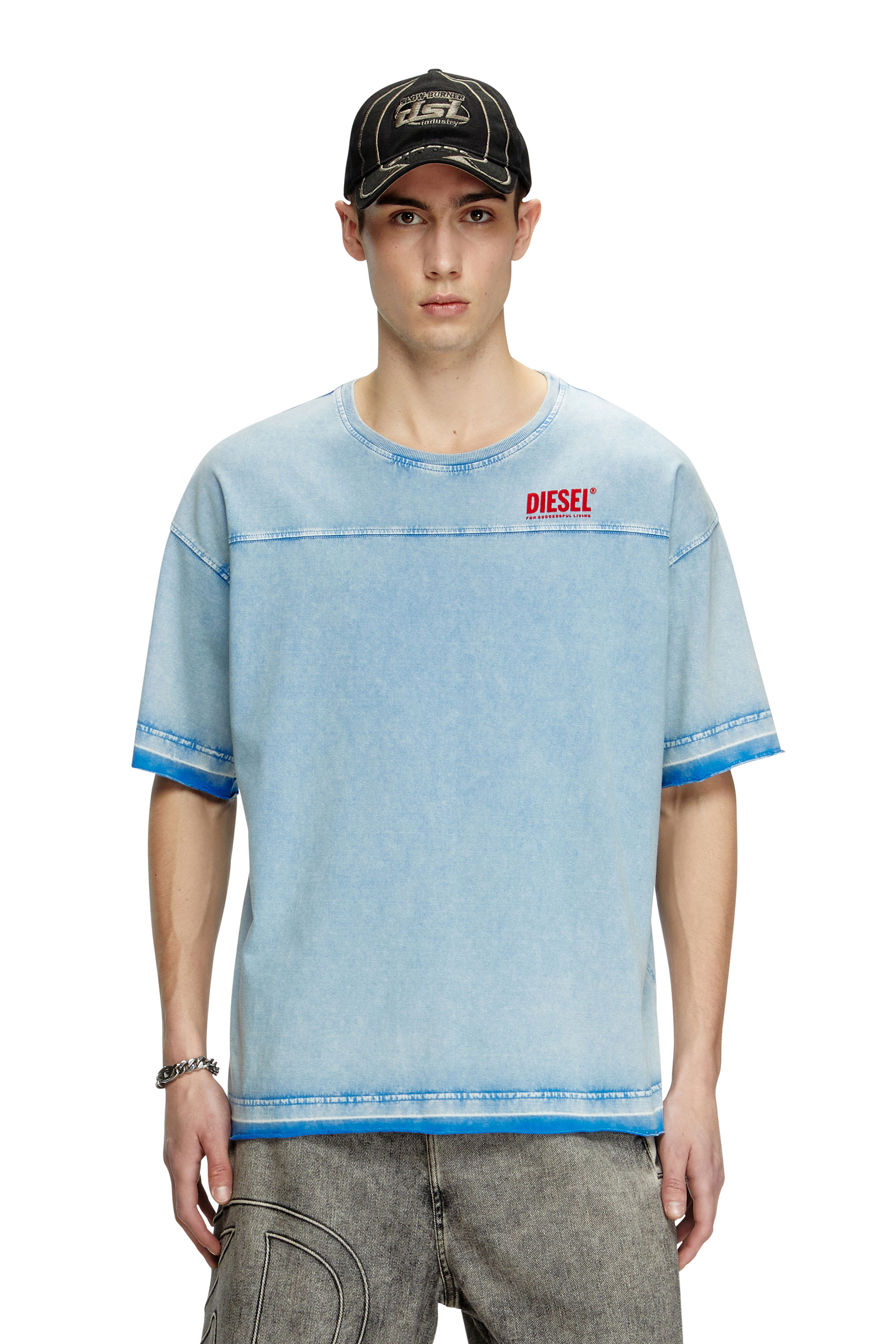 Diesel - T-HOXT, Man's Denim-look T-shirt with released hems in Light Blue - 1