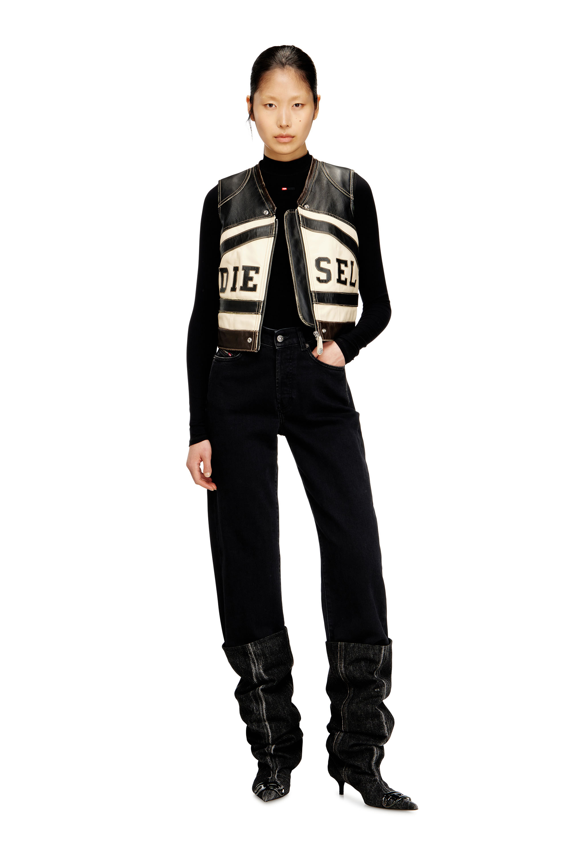 Diesel - L-FLYCOU-20TH, Gilet en cuir avec logo sur le devant et bandes contrast&eacute;es Femme in Polychrome - 2