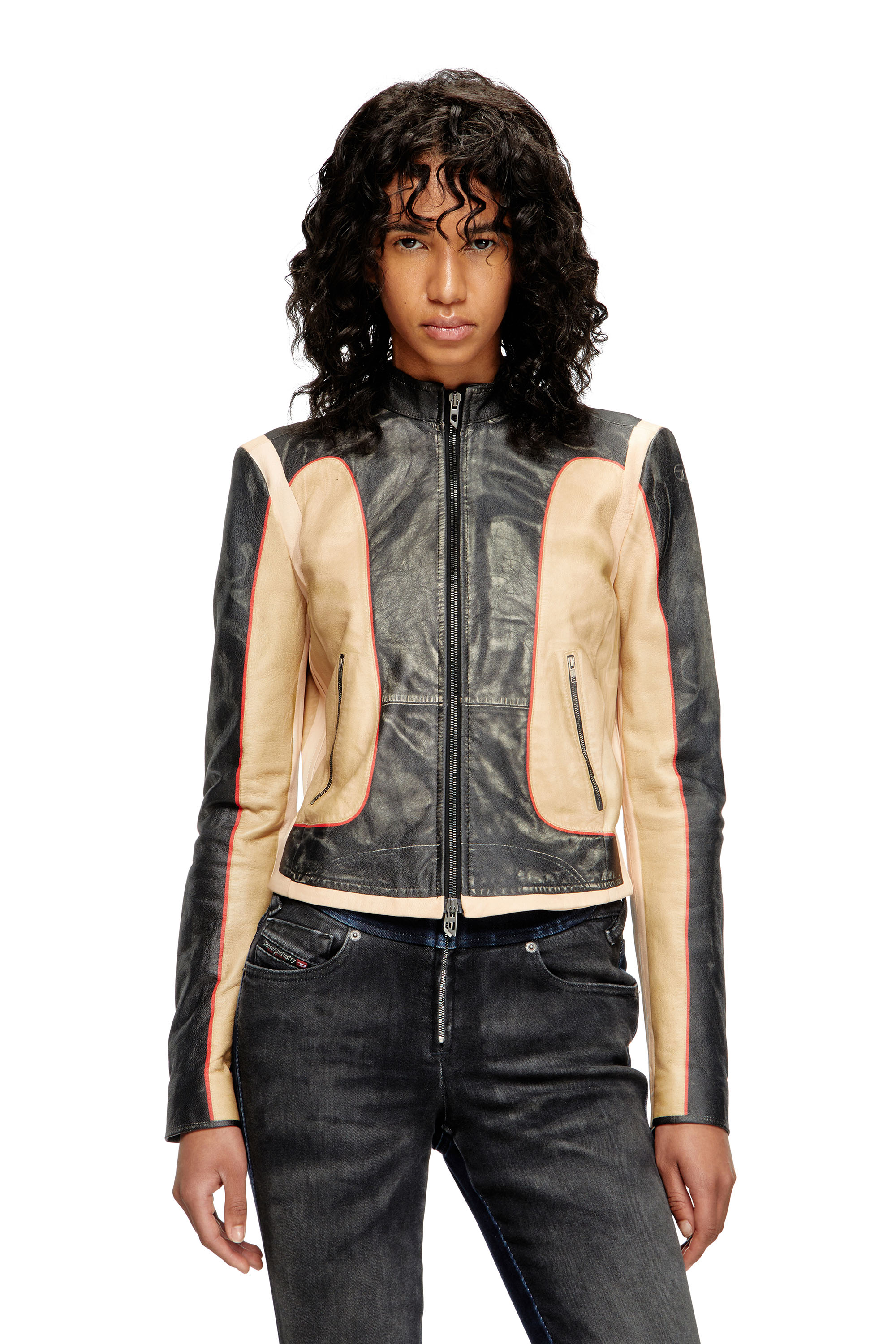 Diesel - L-OONIE, Veste de motard en cuir effet trompe-l'œil Femme in Polychrome - 1