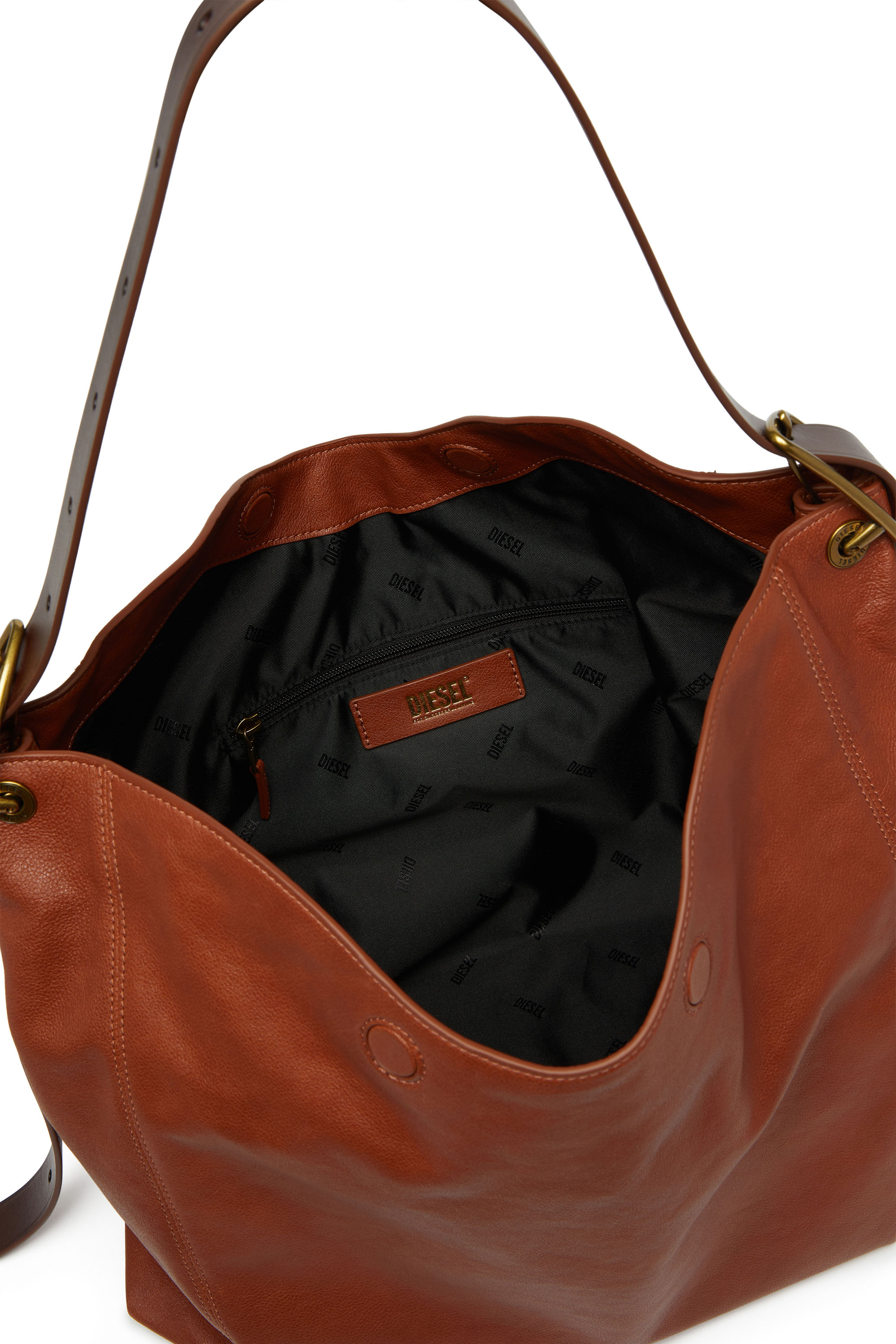 Diesel - D-LINE HOBO L, Damen D-Line-Hobo-Tasche aus gl&auml;nzendem, geknittertem Leder in Braun - 3