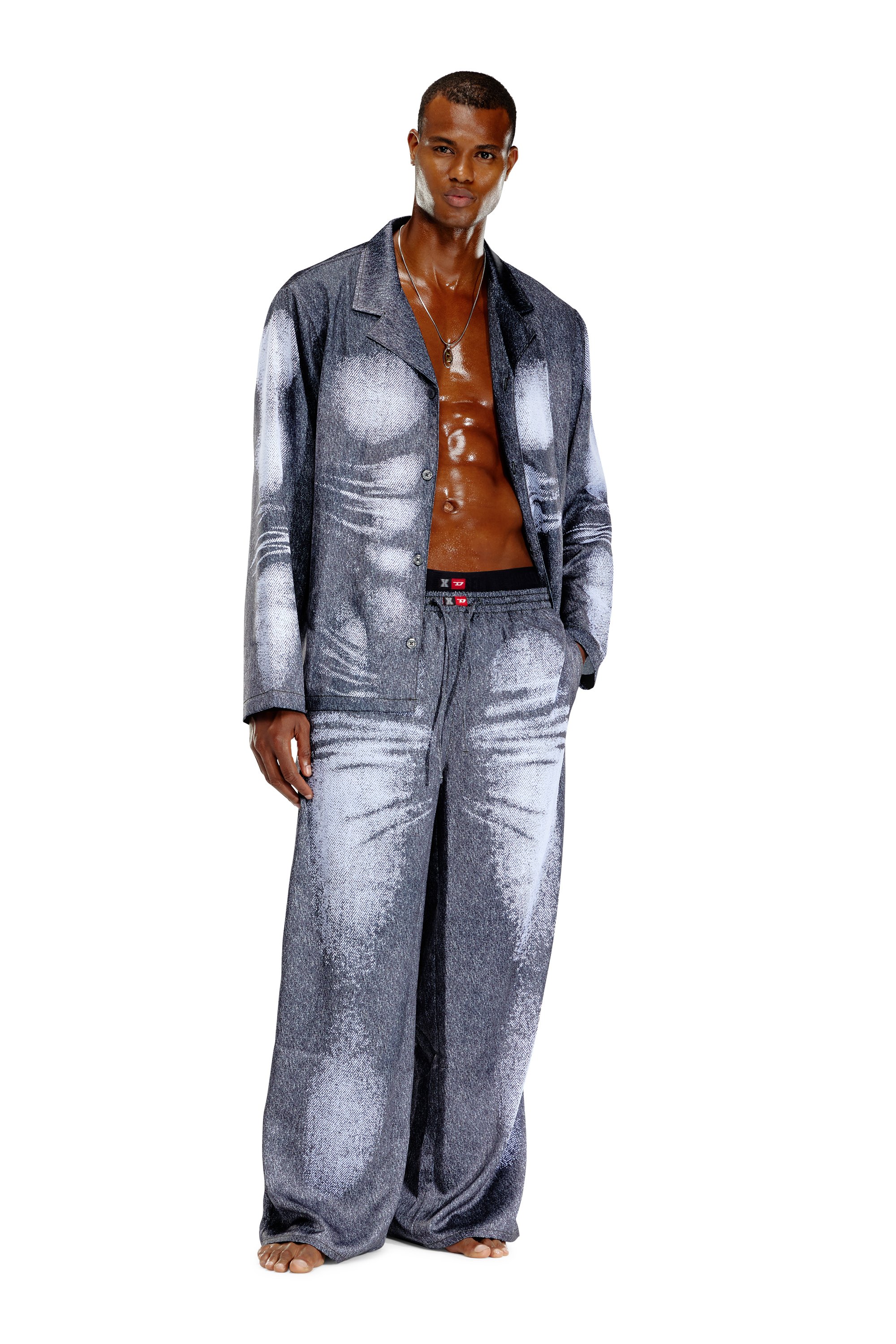 Diesel - STAINS-AND-TROMPE-SLEEP-PANT, Unisex's Satin pyjama pants with denim look in Grey - 1