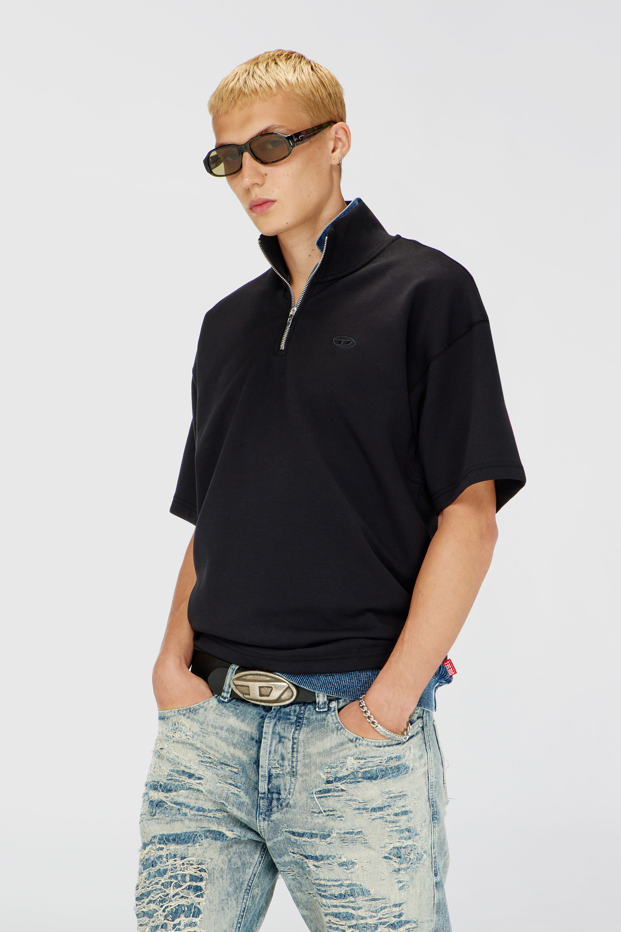 Diesel - S-CUBY, Sweat-shirt &agrave; manches courtes zipp&eacute; en scuba l&eacute;ger Homme in Noir - 3