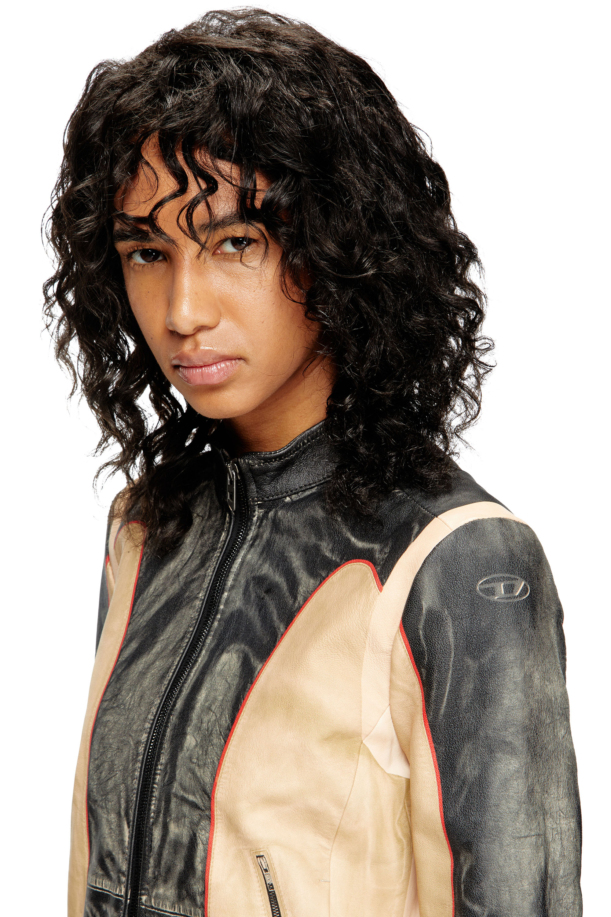 Diesel - L-OONIE, Veste de motard en cuir effet trompe-l'œil Femme in Polychrome - 5