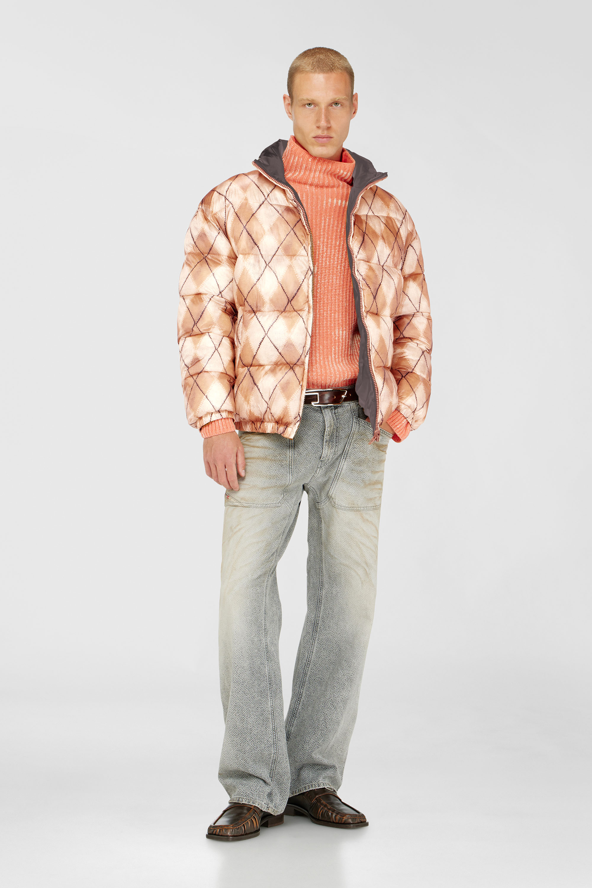 Diesel - W-BOURB-DLCK, Herren Wendbare Steppjacke mit argyle-print in Beige/Grau - 2