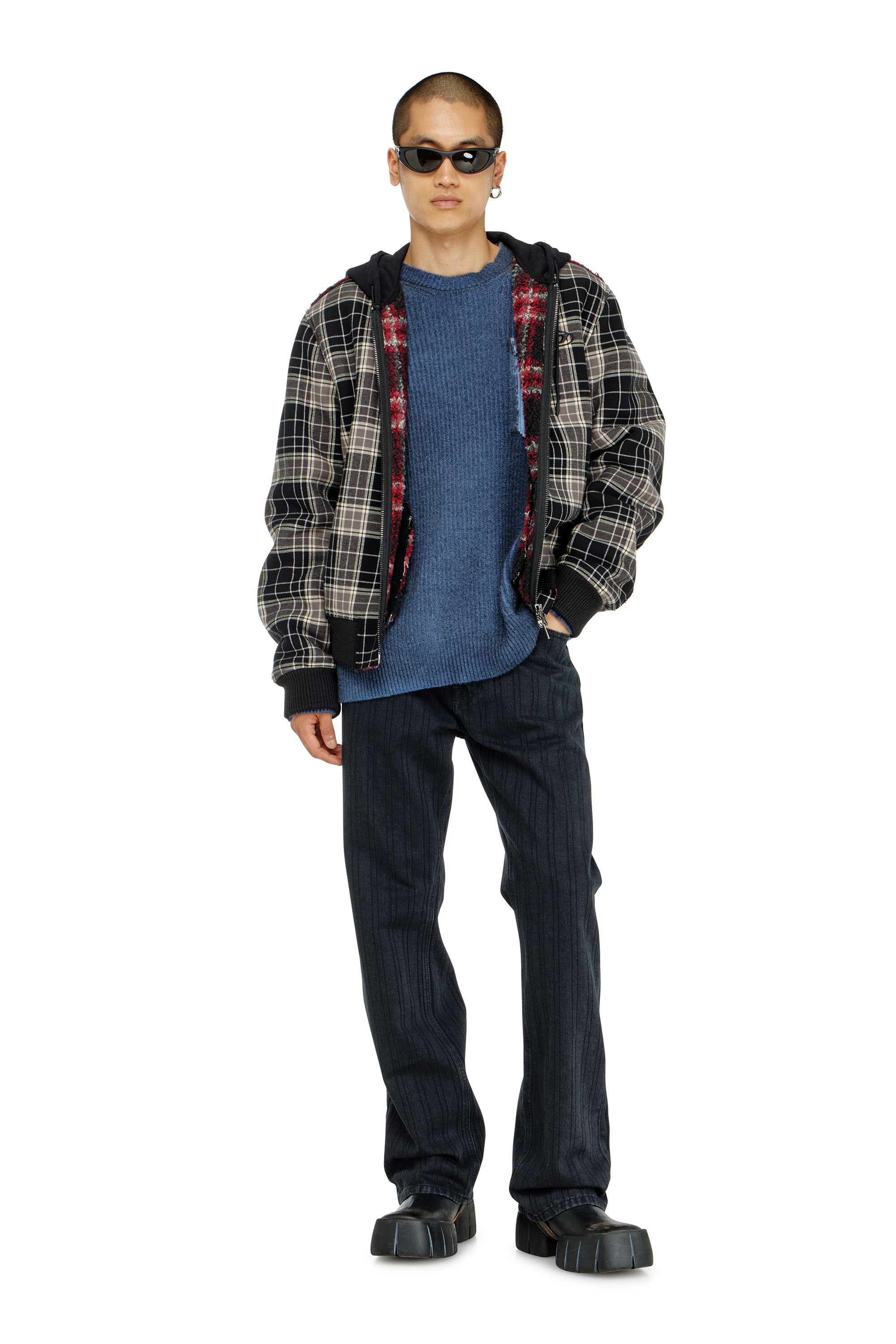 Diesel - W-KUNST, Herren Karo - Karo-bomberjacke mit flanellmuster und teddyfutter in Grau/Schwarz - 2