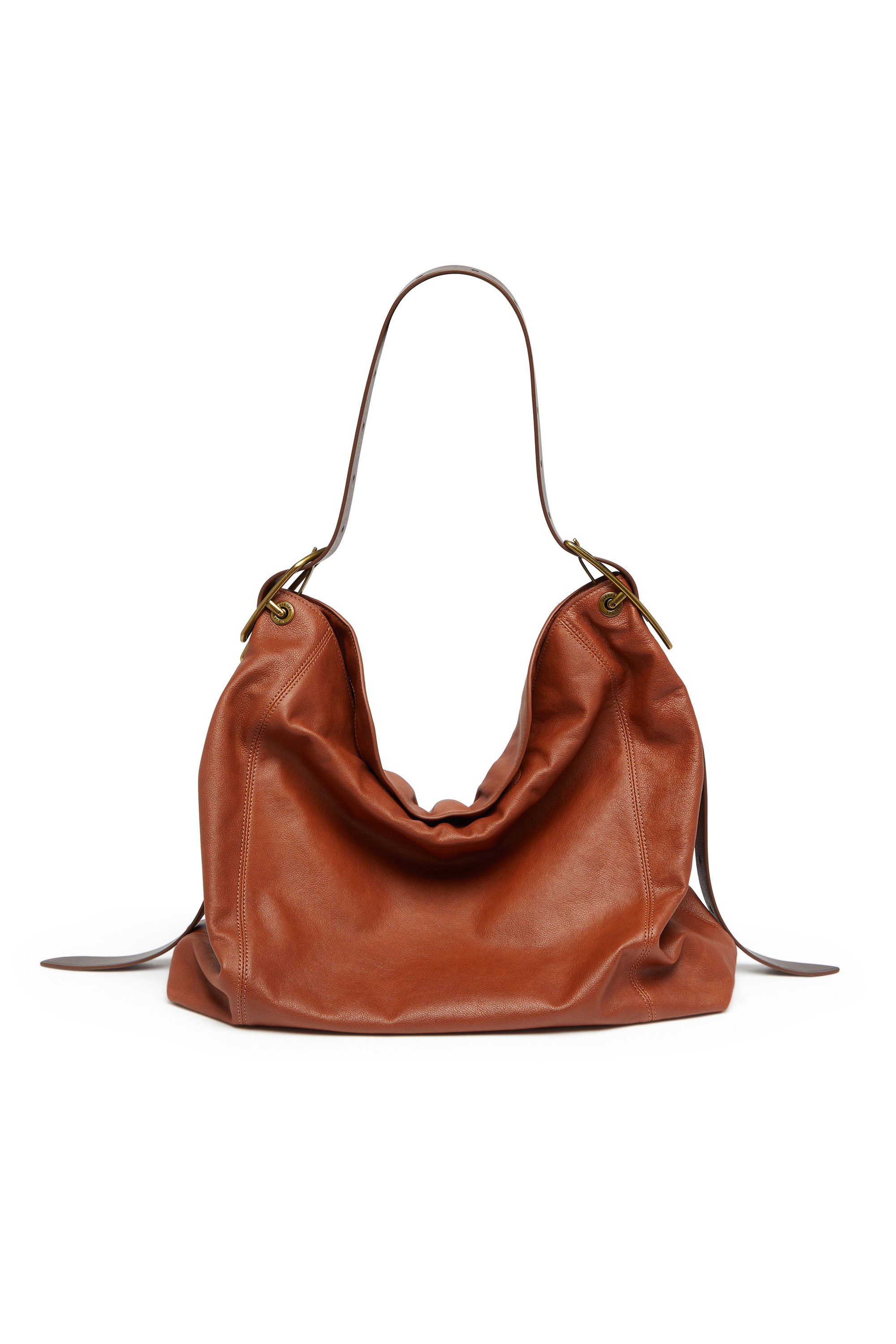 Diesel - D-LINE HOBO L, Damen D-Line-Hobo-Tasche aus gl&auml;nzendem, geknittertem Leder in Braun - 1