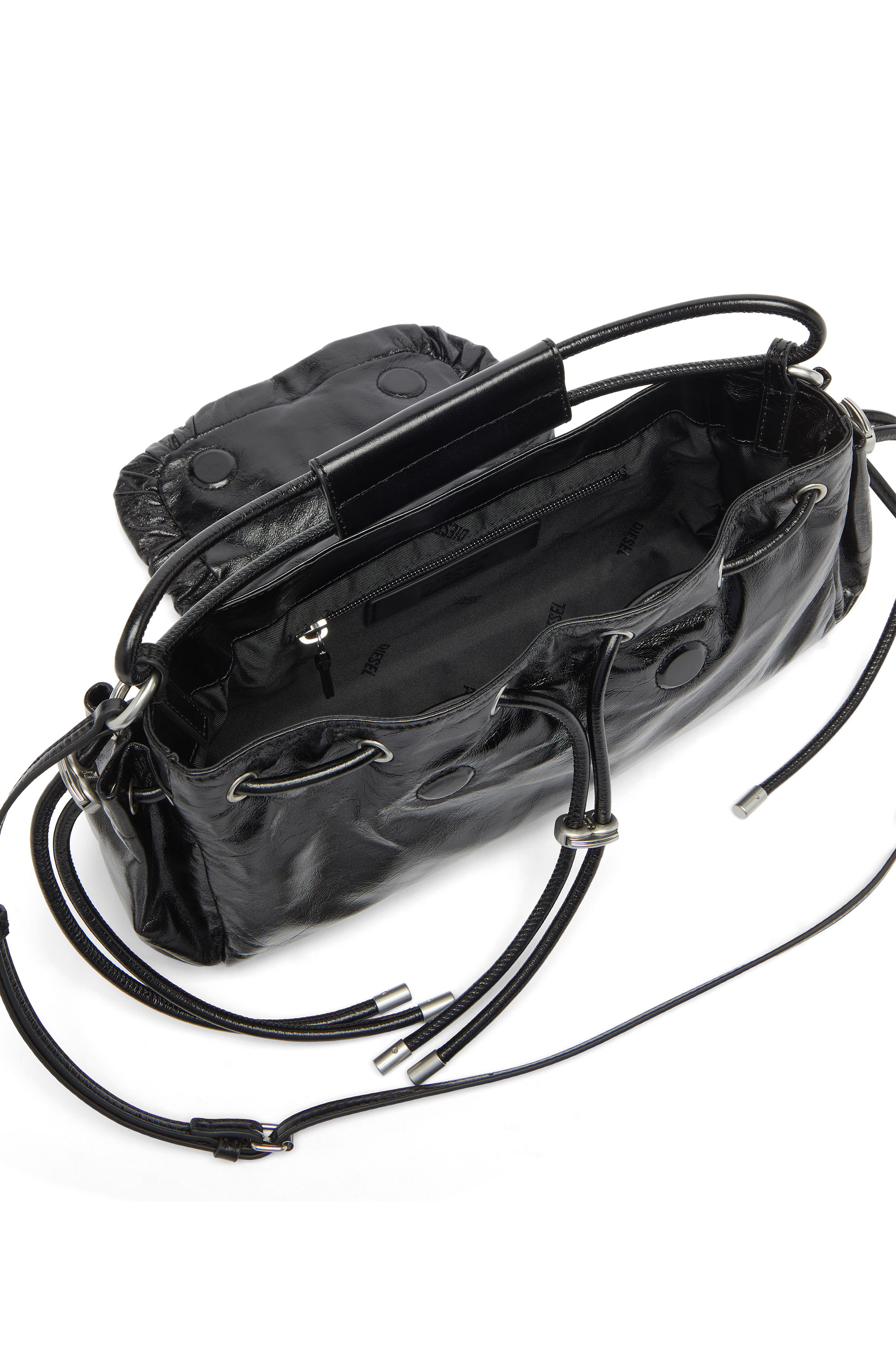 Diesel - SCRUNCH-D TOP HANDLE, Scrunch-D - Sac &agrave; poign&eacute;e en cuir brillant froiss&eacute; Femme in Noir - 3