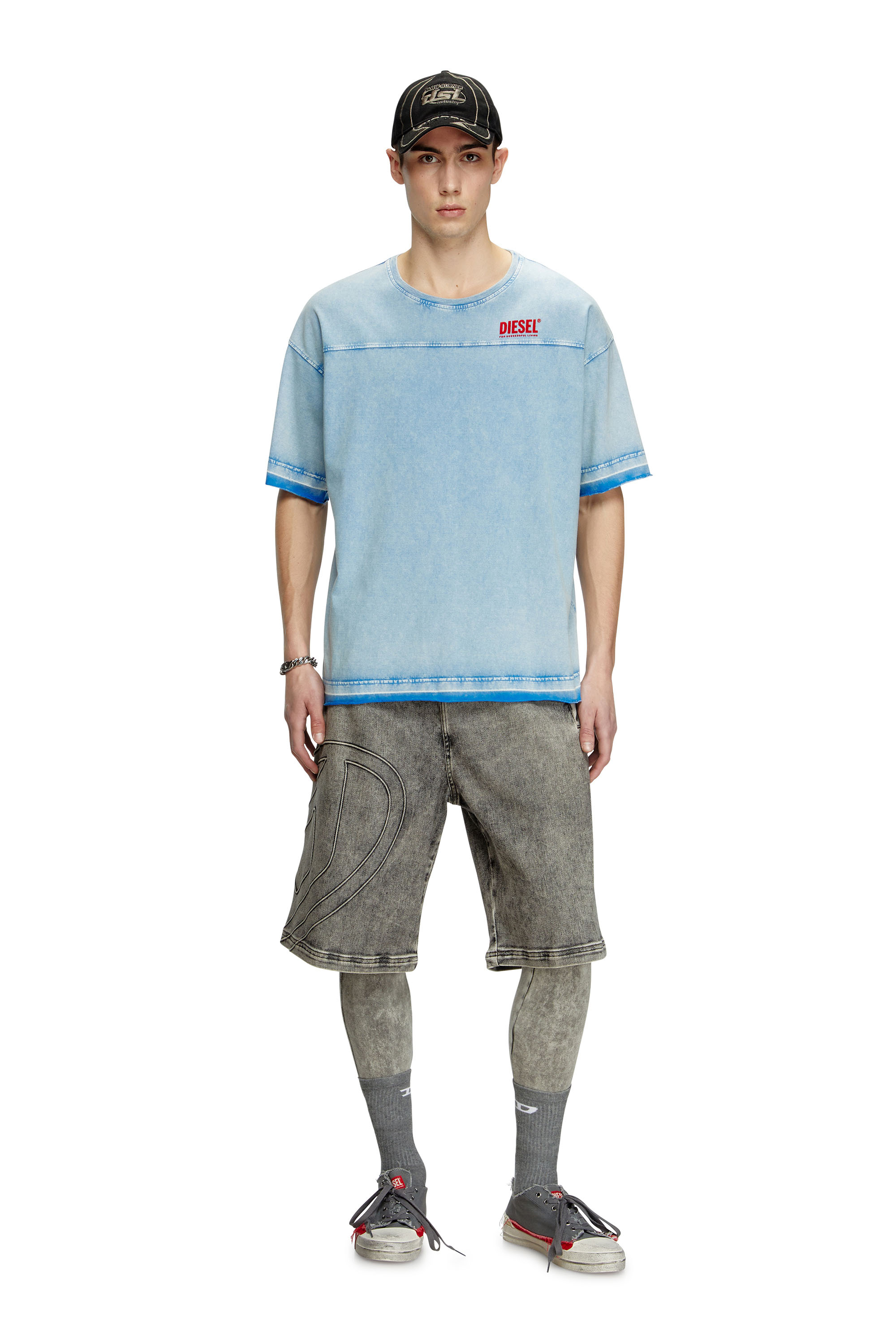 Diesel - T-HOXT, Man's Denim-look T-shirt with released hems in Light Blue - 2