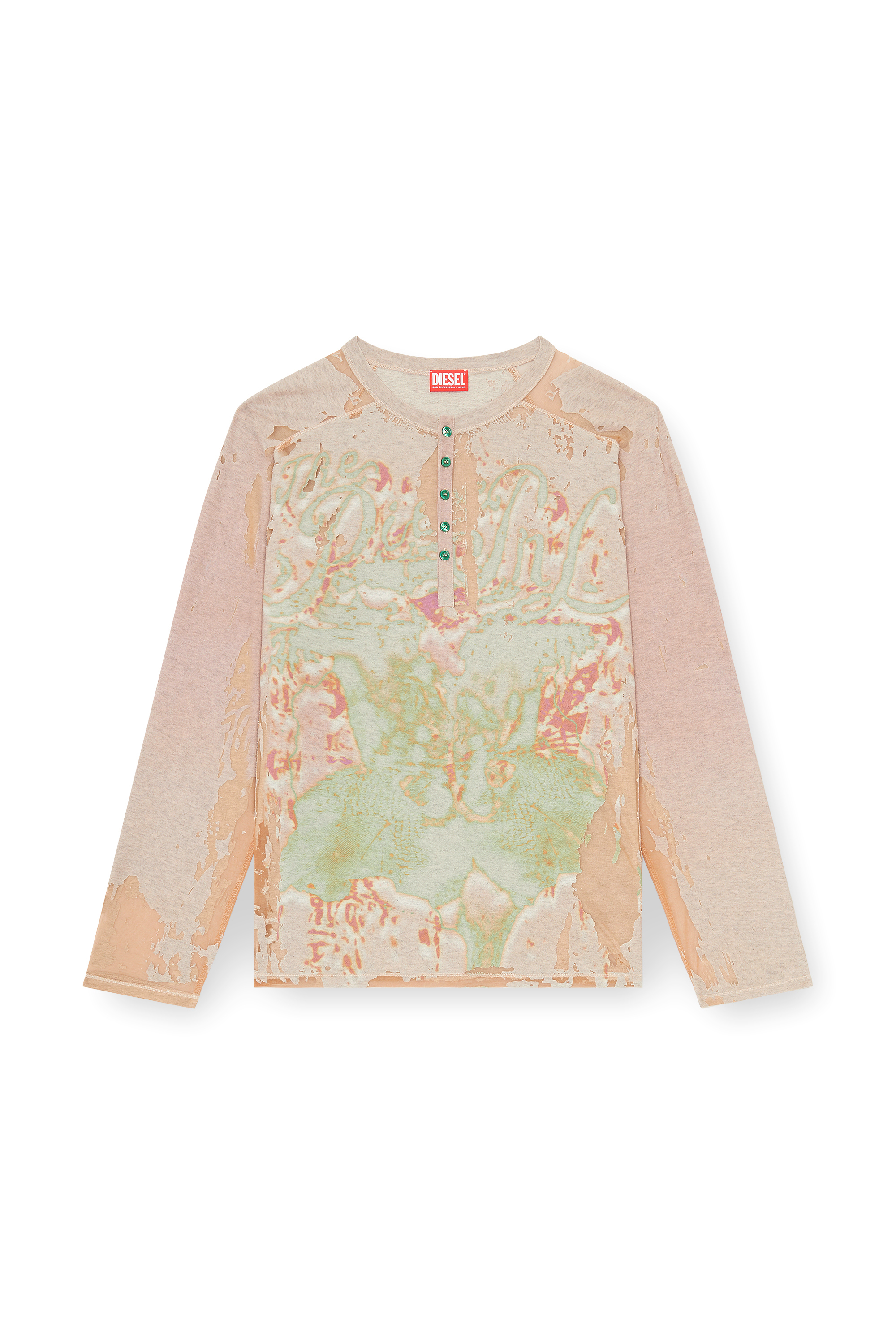 Diesel - T-LIVO-LS, T-shirt Henley en jersey d&eacute;vor&eacute; imprim&eacute; Homme in Beige - 3
