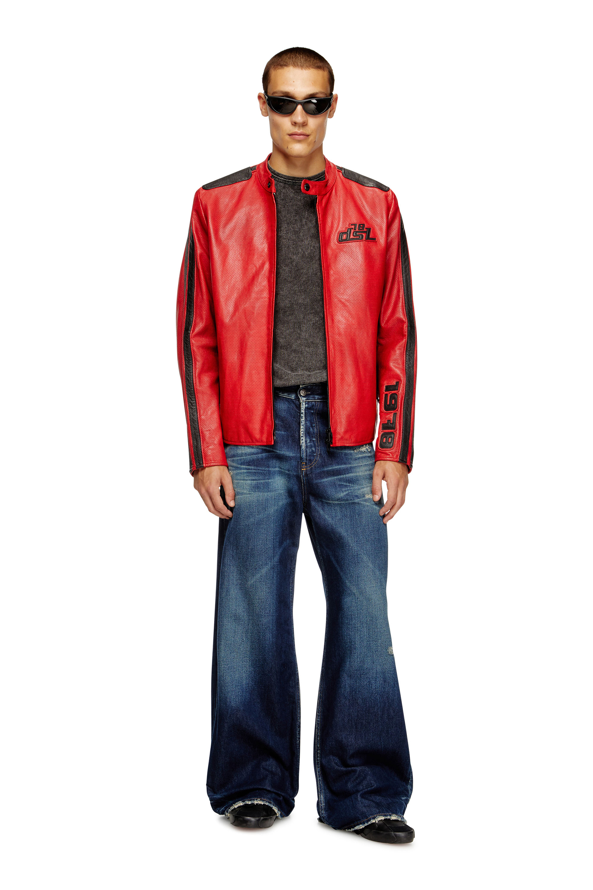Diesel - L-POP, Veste de motard en cuir perfor&eacute; Mixte in Rouge - 1