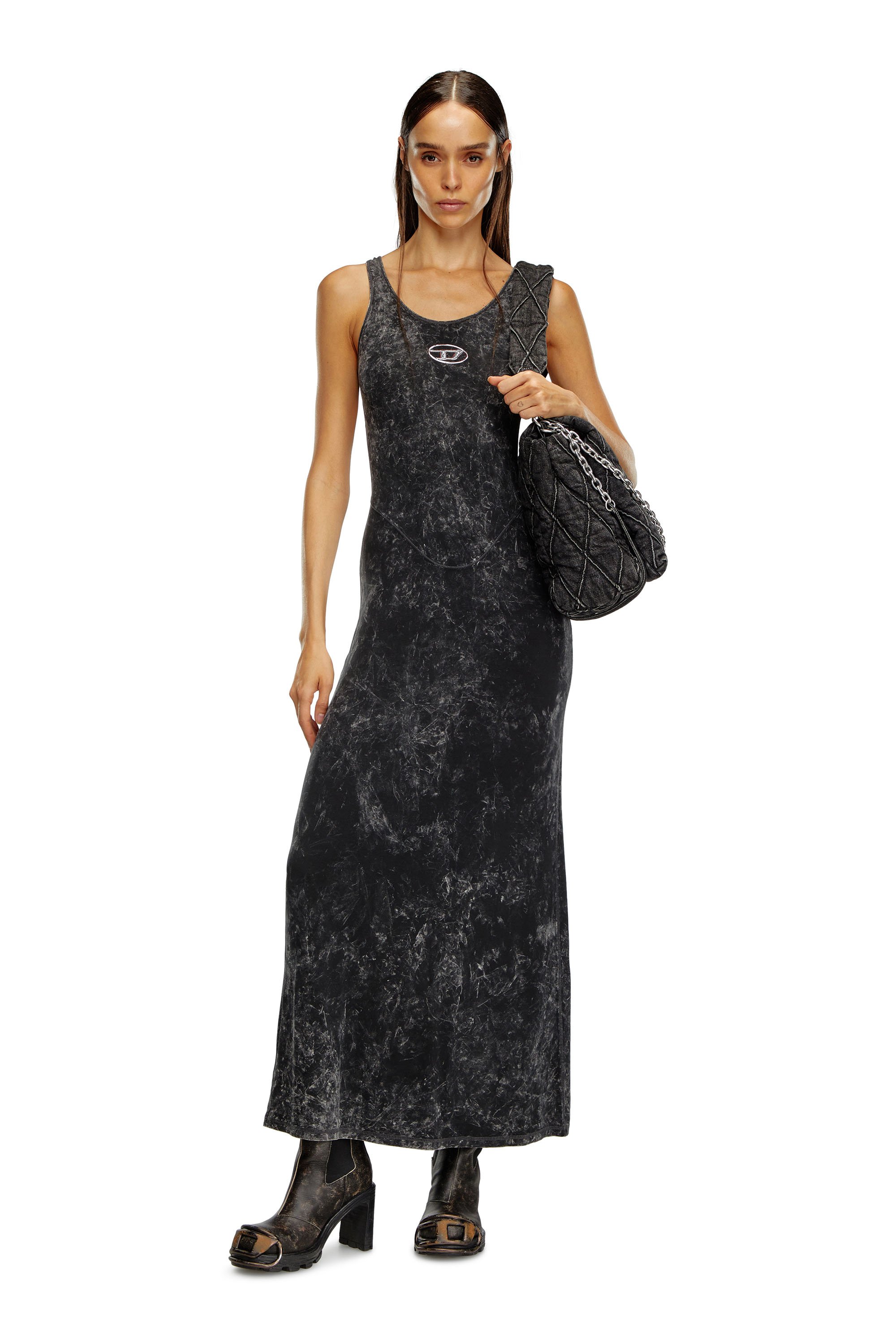 Diesel - D-AVENA-P1, Femme Robe longue en jersey stretch marbré in Noir - Image 1