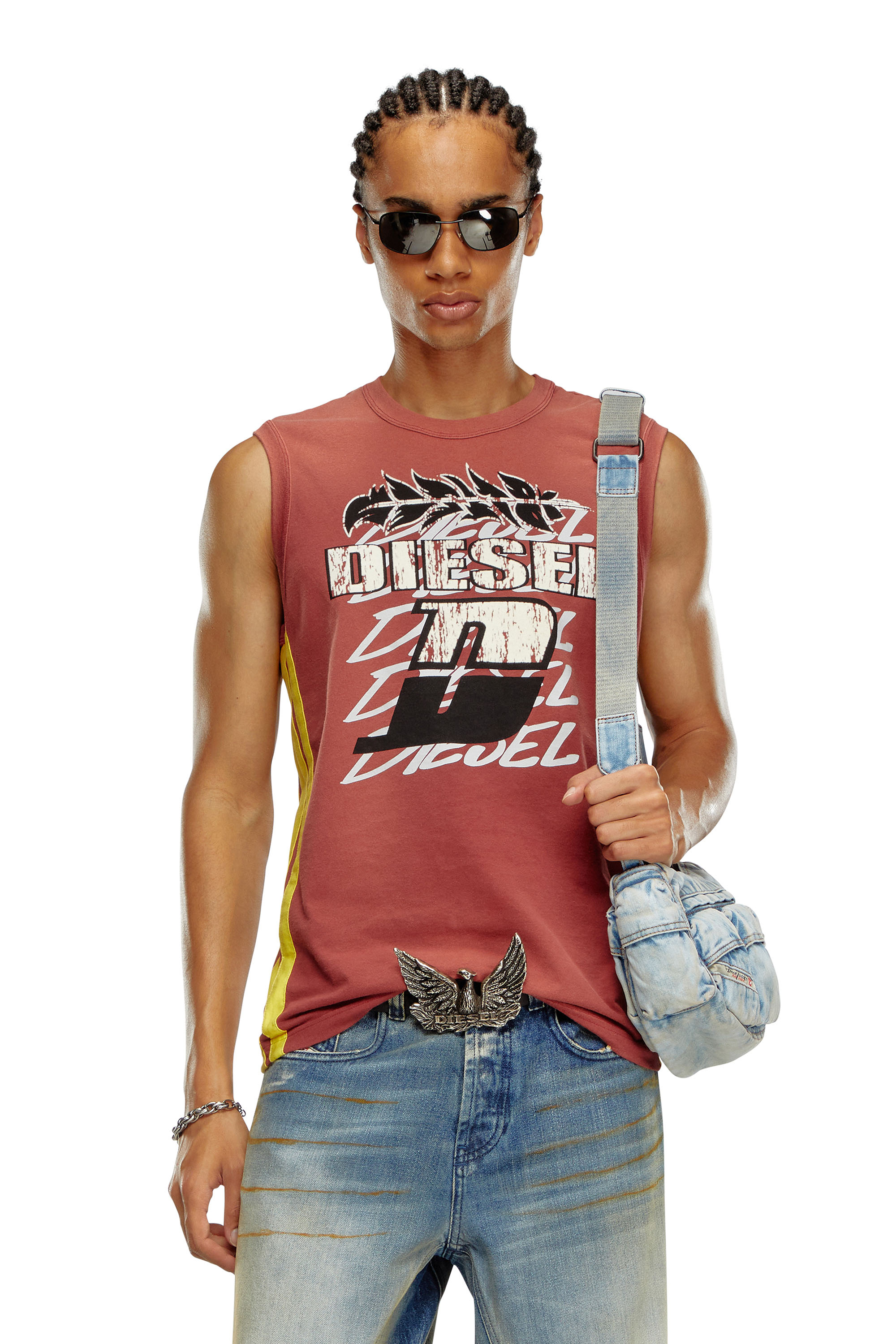 Diesel - T-BISCO-STRIPE, Herren Sonnengebleichtes Tanktop mit seitlichen Bändern in Rot - Image 1