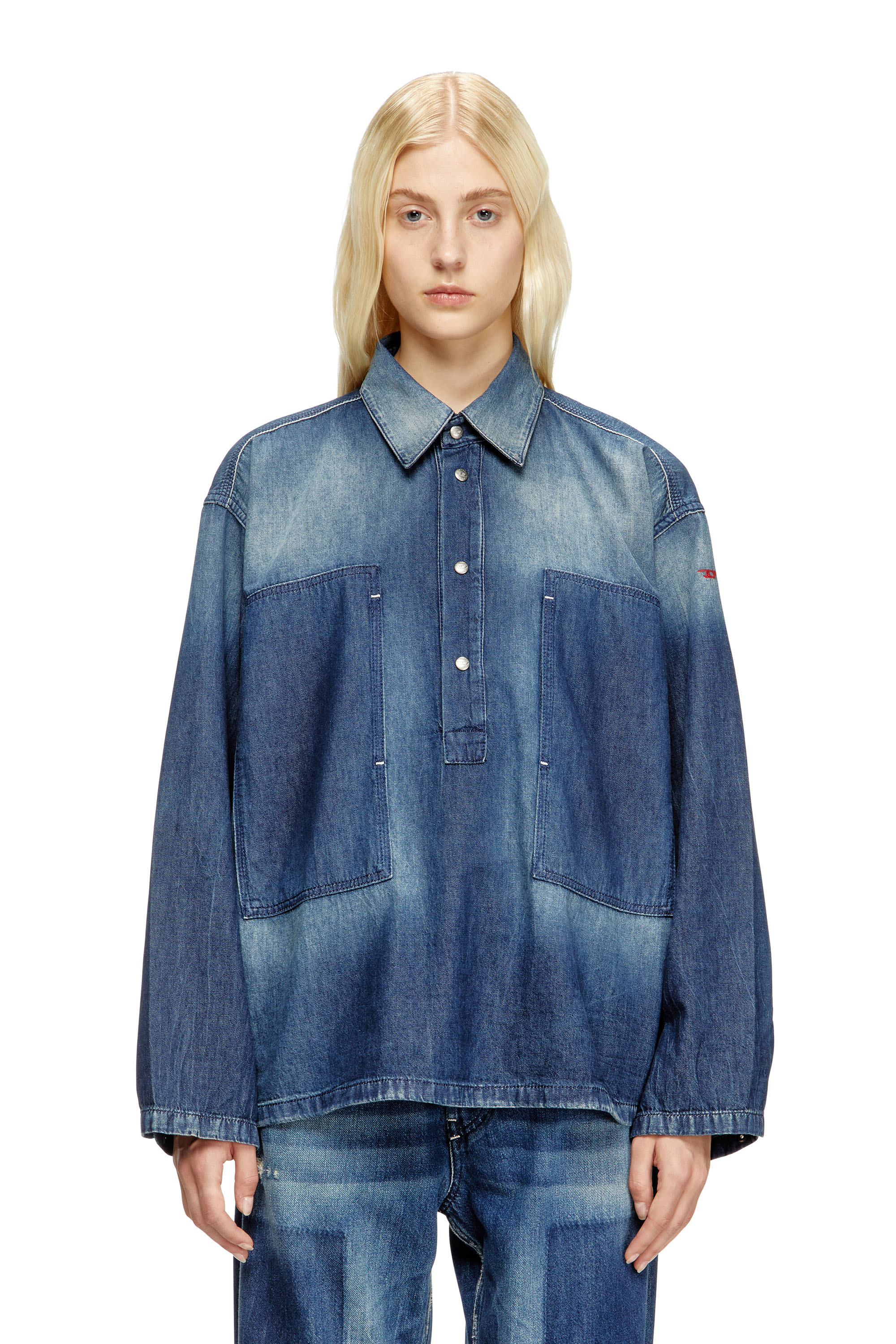 Diesel - DE-PRISS, Top Henley in denim a contrasto Donna in Blu - 1
