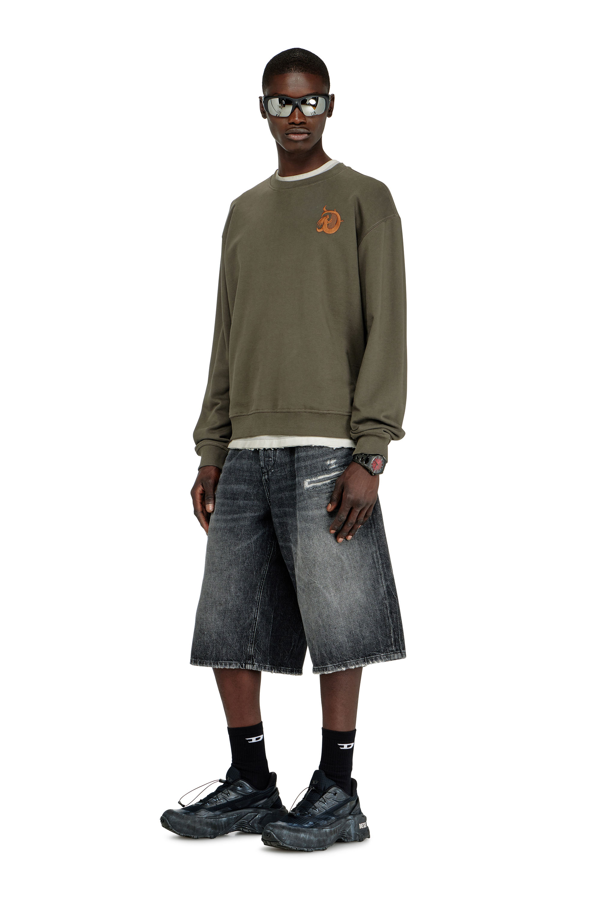 Diesel - S-NORM-AA4, Herren Sweatshirt mit Stickerei und Flockprint in Armeegr&uuml;n - 2