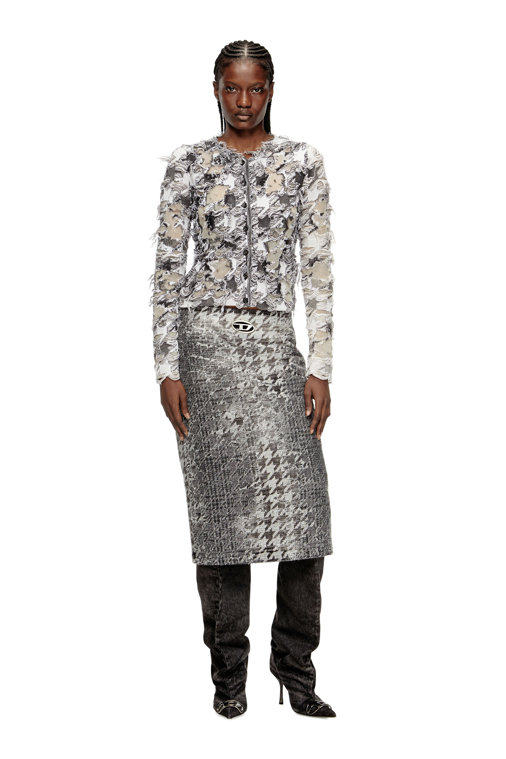Diesel - M-SIBYLLA, Damen Strickjacke aus Dévoré-Hahnentritt-Jacquard in Grau/Weiss - 2