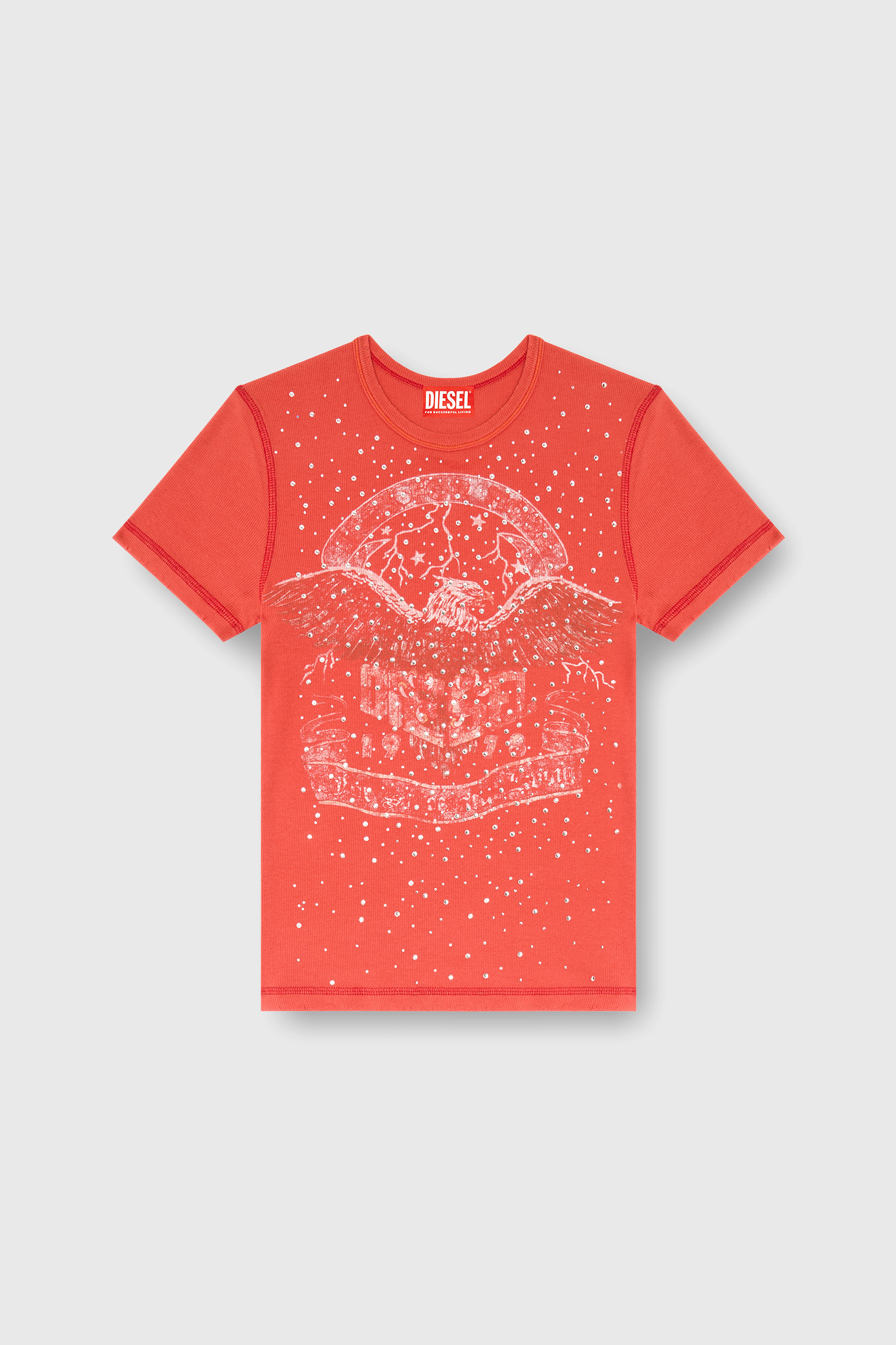 Diesel - T-MARSY-RIB-CRY, T-shirt con grafica concerti e cristalli Donna in Rosso - 2