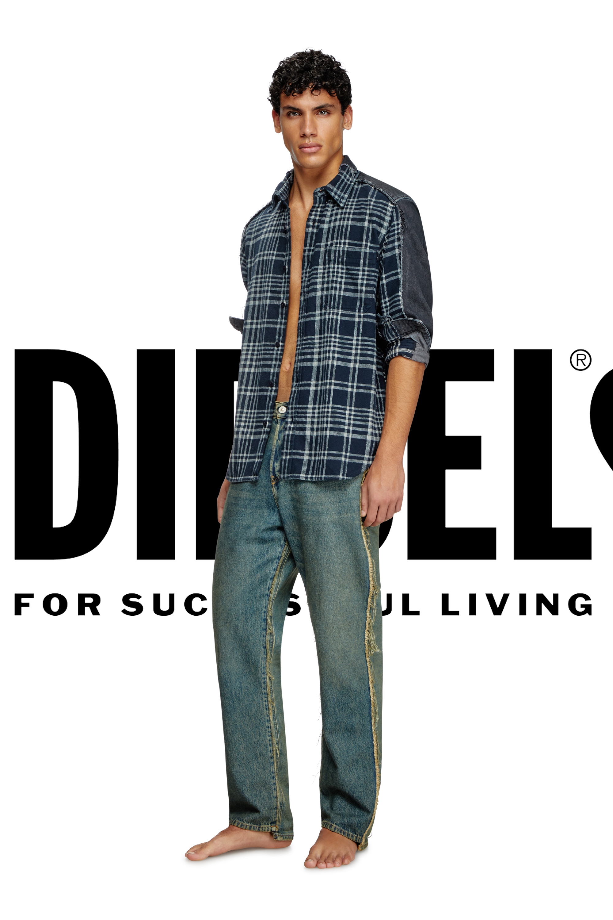 Diesel - Shirt Dieseloves 6B, Camicia overdyed in tessuto check e denim Unisex in Multicolor - 1