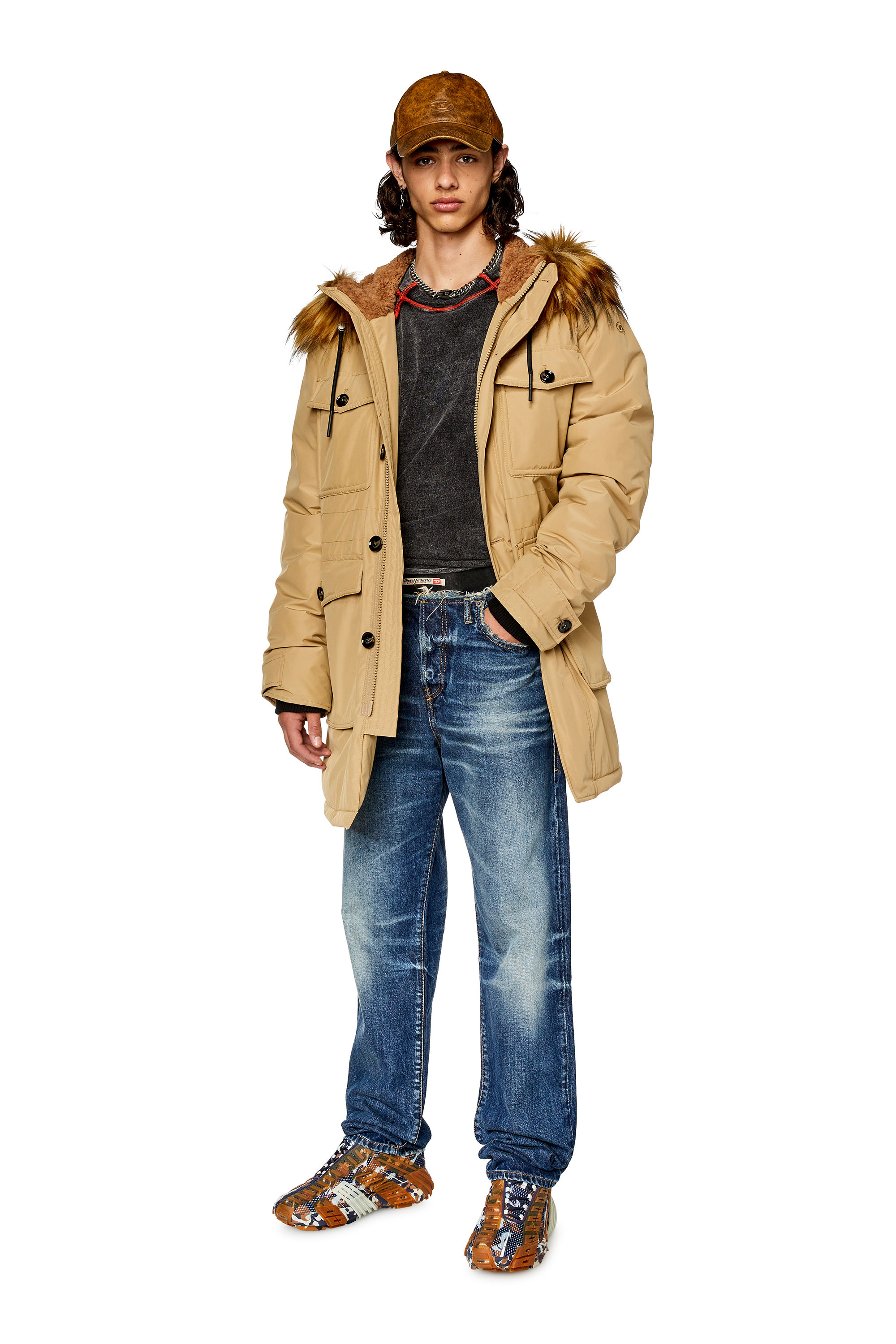 Diesel - W-JORGY, Parka matelassée avec bordure pelucheuse sur la capuche Homme in Marron - 1