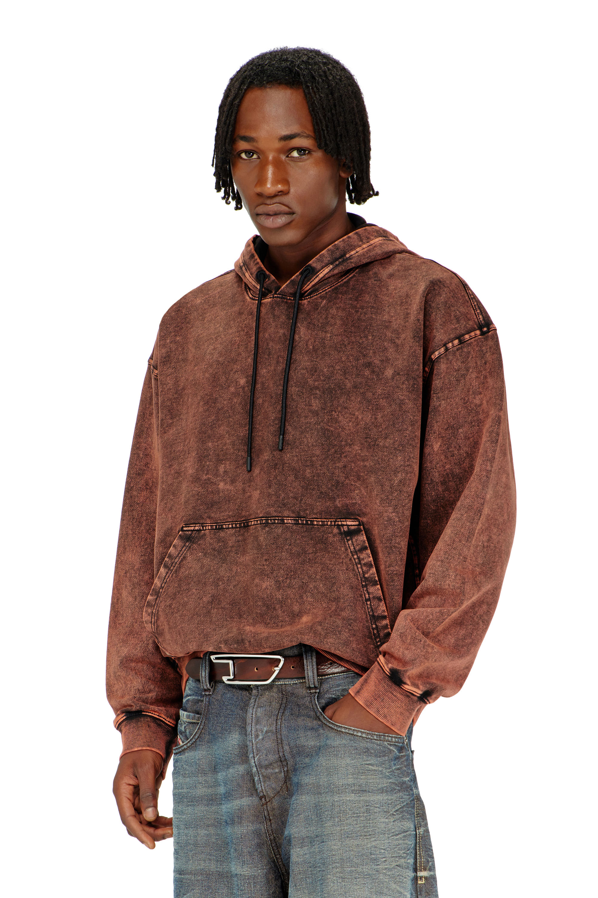 Diesel - S-BOXT-HOOD-TUK, Felpa con cappuccio effetto denim lavorato Uomo in Marrone - 3