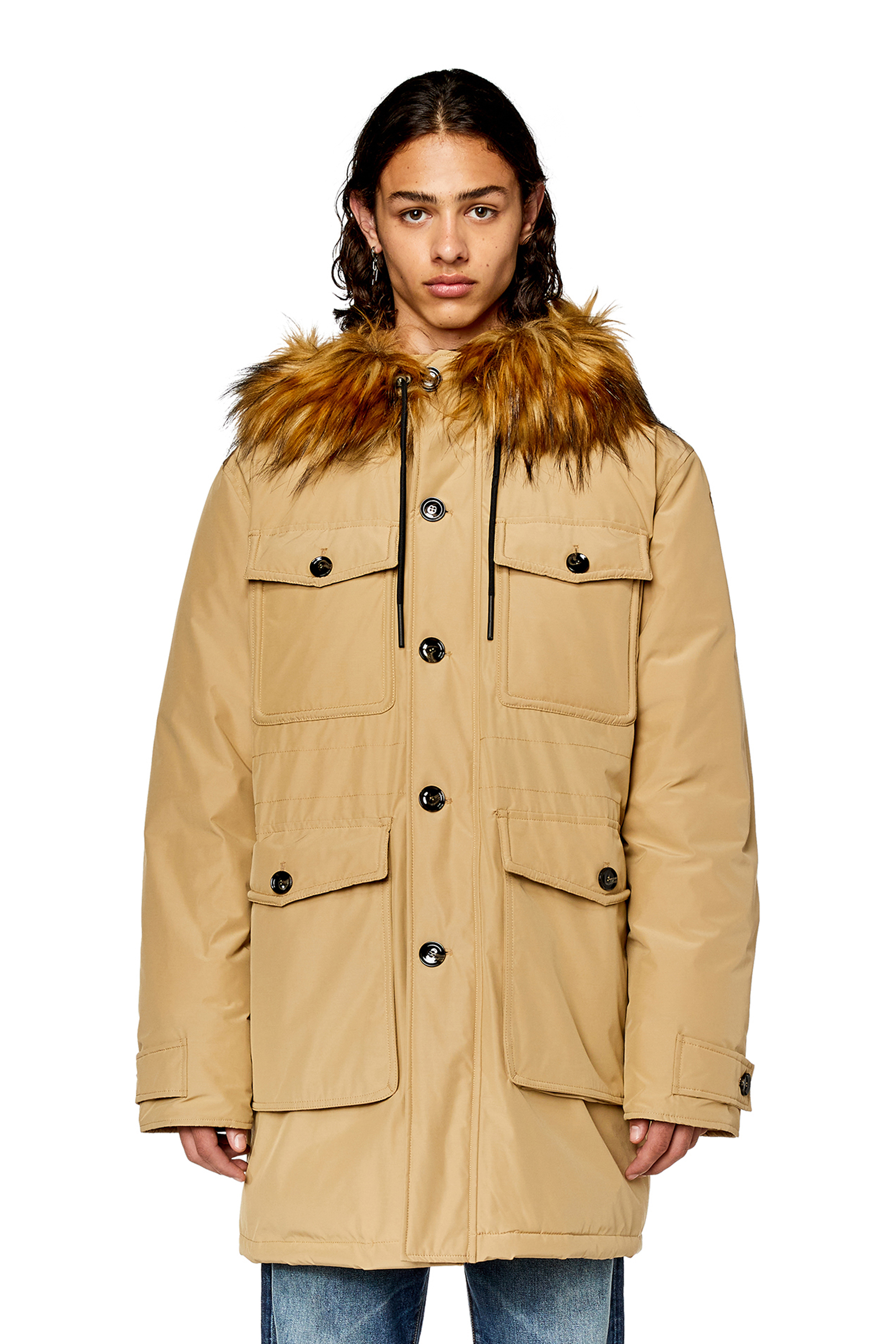 Diesel - W-JORGY, Parka matelassée avec bordure pelucheuse sur la capuche Homme in Marron - 5