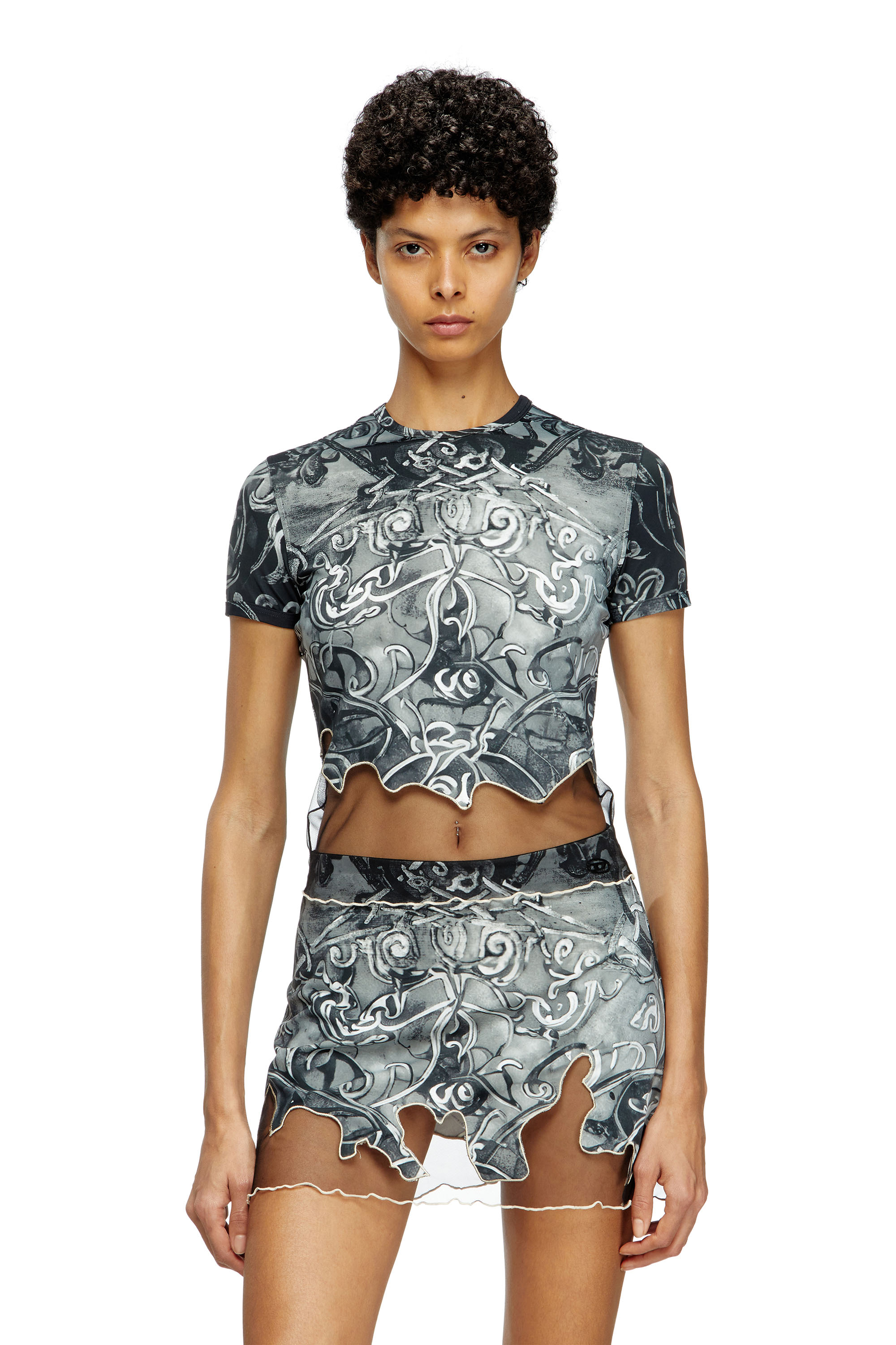 Diesel - T-INLAY, Damen T-Shirt aus Nylon mit heraldischem Print in Schwarz/Grau - 1