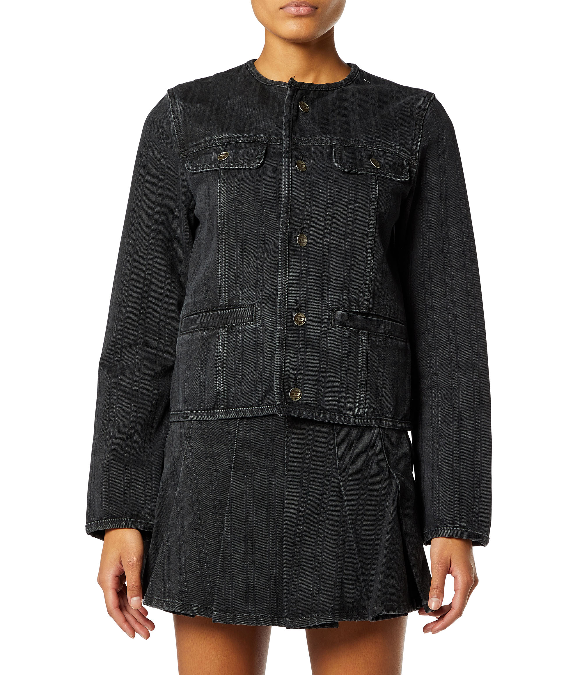 Diesel - DE-GRAFY, Veste sans col en denim &agrave; rayures fines Femme in Noir - 1