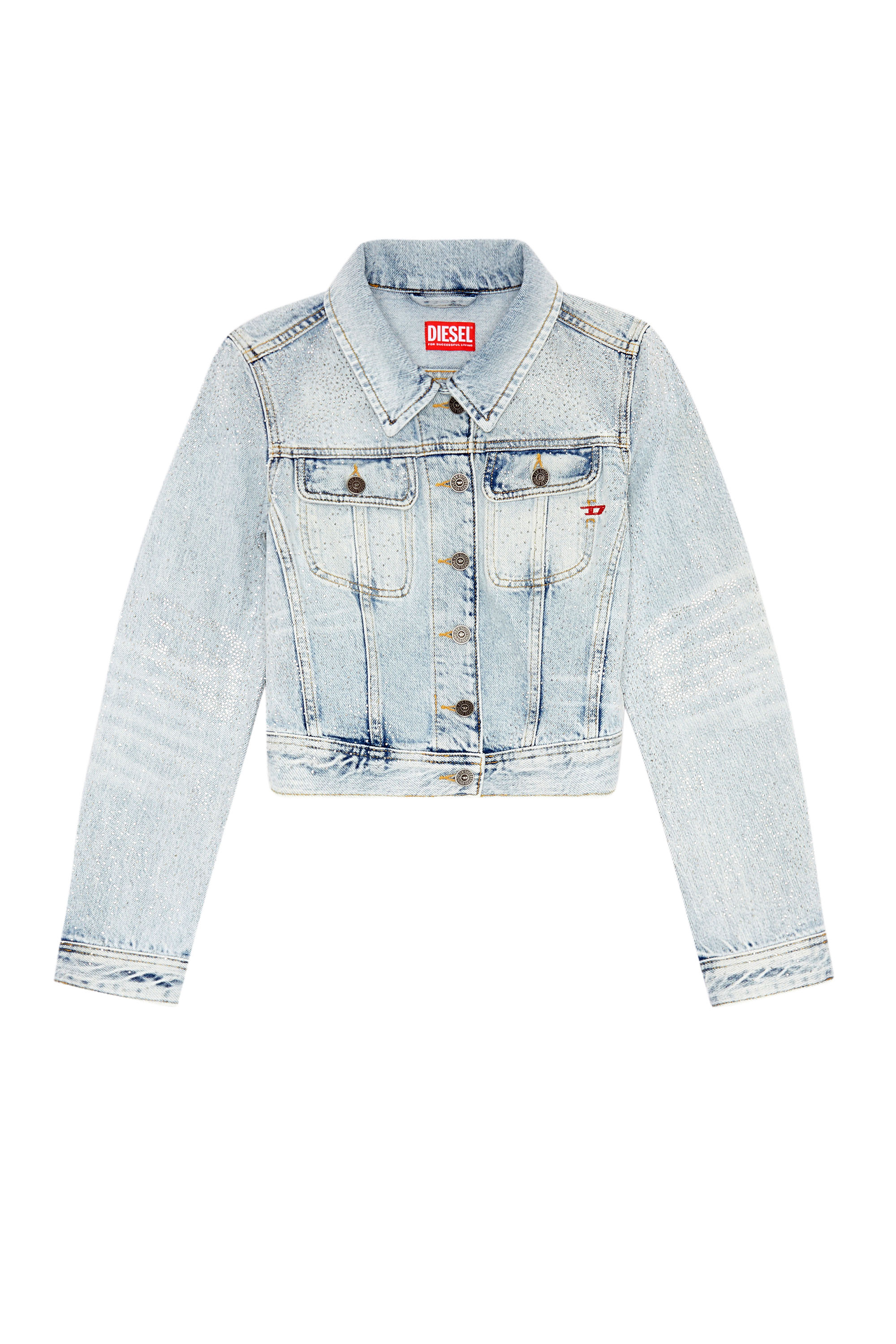 Diesel - DE-SLIMMY-S, Damen Truckerjacke aus Mikro-Denim aus Strass in Hellblau - 2