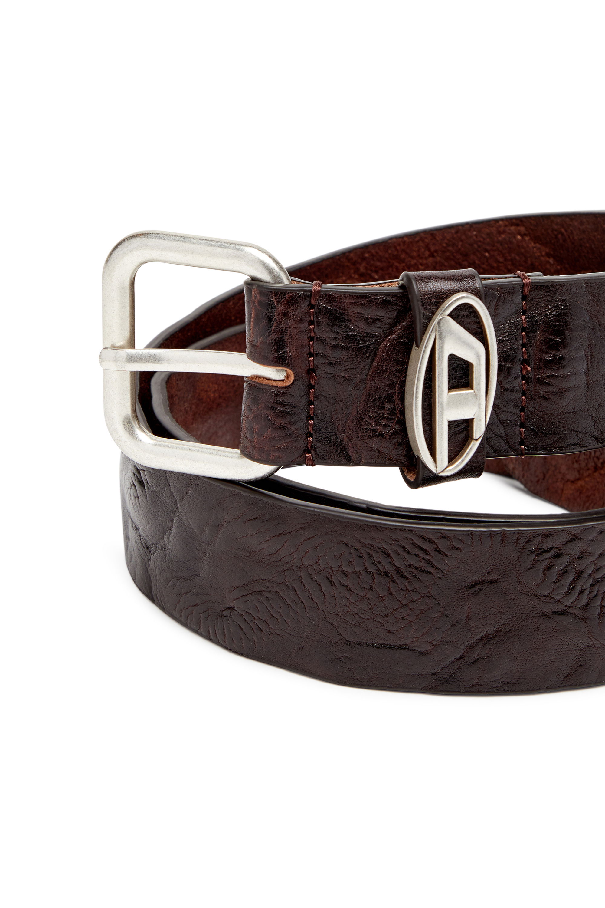 Diesel - B-1DR OVAL D LOOP, Ceinture en cuir froissé avec plaque à logo Mixte in Marron - 3